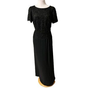 Talbots Long Formal Dress 12 Black Sequin Top Short Sleeve Flowy Wedding Party
